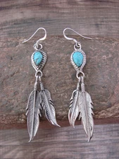 Native American Sterling Silver & Turquoise Feather Dangle Earrings by McCarthy