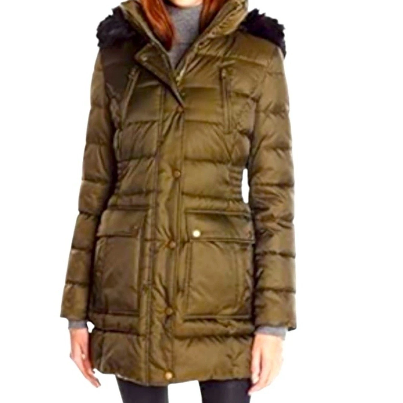 Halifax Traders Womens Snow Puffer Coat Faux Fur Hood Green Medium Parka Jacket