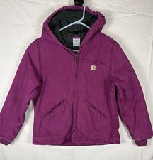 Carhartt Youth Sherpa Lined Hooded Coat Canvas Full Zip Plum Girls Large Size 14