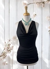 Black Ruched Tank Top Buckle Cross Back Sexy Goth Draped Front Stretchy Y2K S