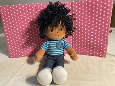 LINZY TOYS PLUSH AFRICAN AMERICAN ALL CLOTH BOY RAG DOLL, 14 INCHES, BLACK HAIR