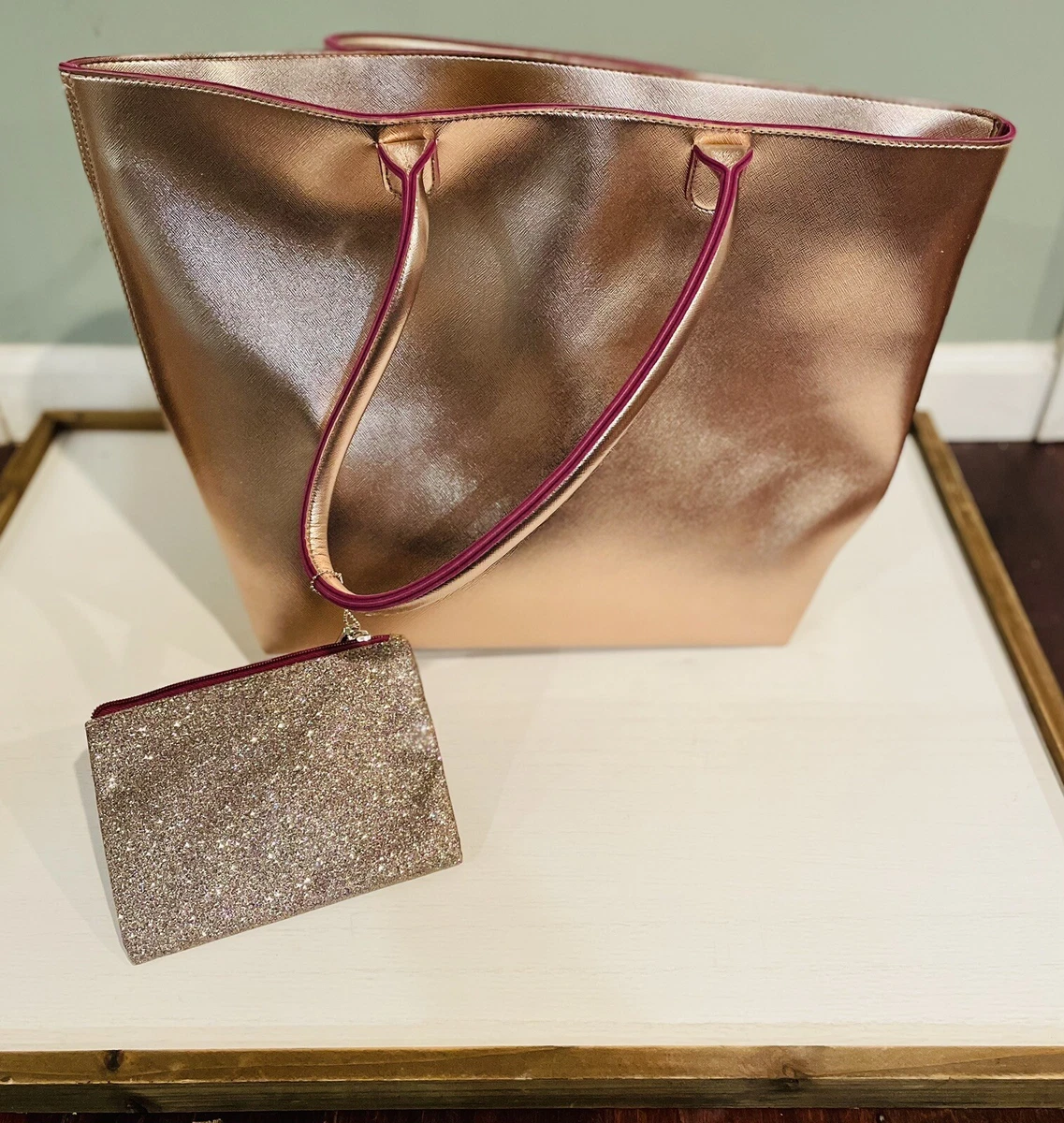 Bath Body Works VIP Rose Gold Oversized Tote w Gold Glittery