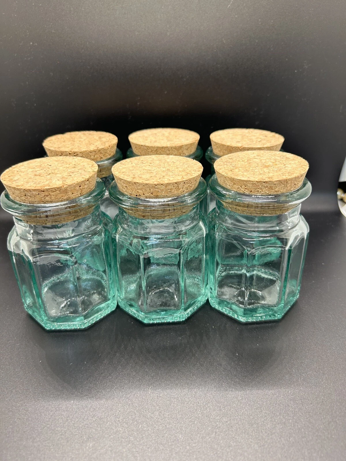 Green Glass Jar with Cork Lid, Octagonal, Vintage