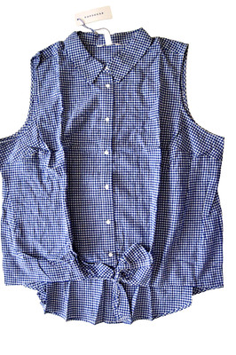 New $40.00 POPSUGAR Plaid Navy/White Blouse Front Tie Top  - Size: 2X