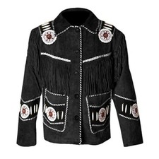 Women Black Contrast Suede Leather Jacket Fringed  Beaded - American Native