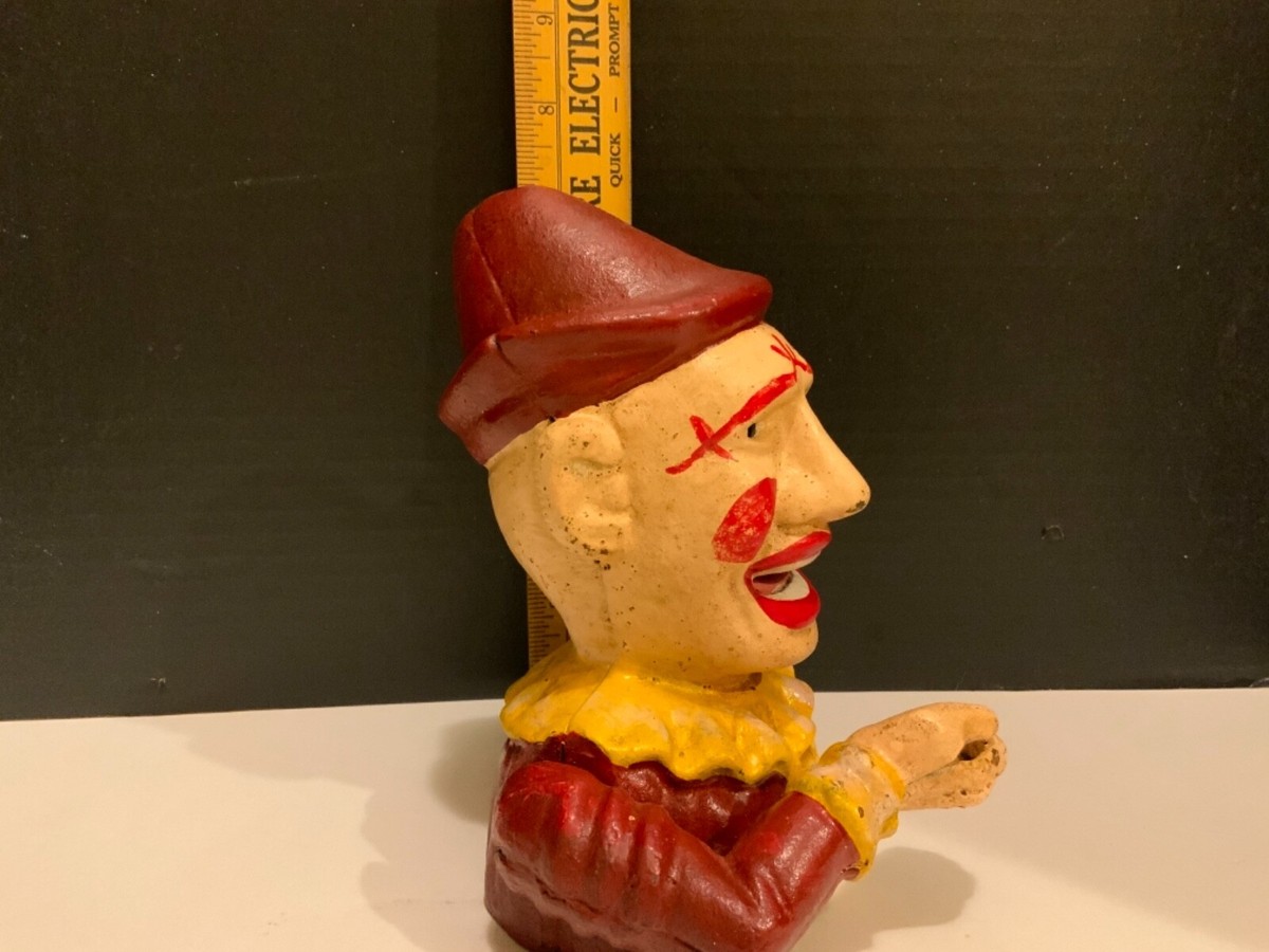 Vintage Cast Iron Mechanical Clown COIN Bank WORKING Straight head