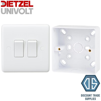 Curved Edge Double Light Switch 2 Way White & Univolt 32mm Pattress ...