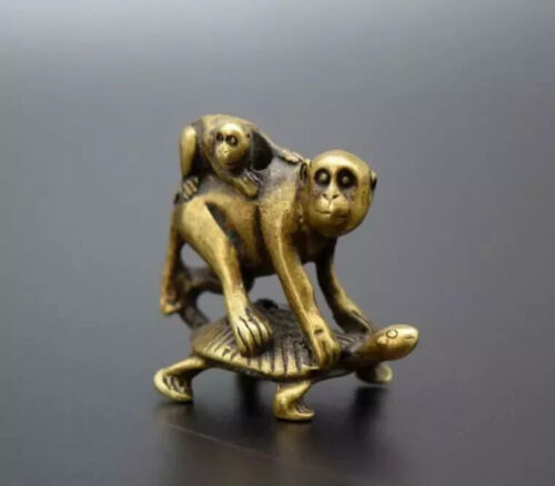 Chinese Pastoral Style Pure Copper Brass Bronze Turtle Back Monkey Small Statue