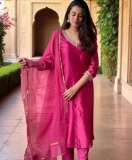 Traditional wear; Women Pink Embroidery work Straight Cotton Kurta Trouser set