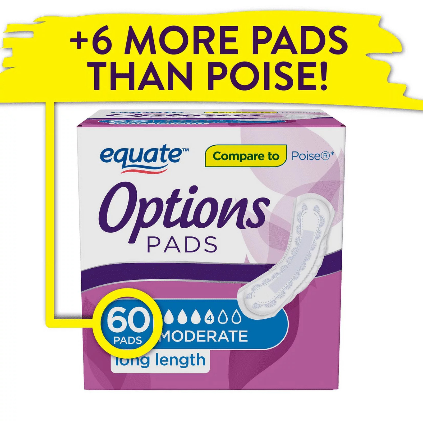 Equate Options Women's Incontinence Pads, Long Length (60 Count)