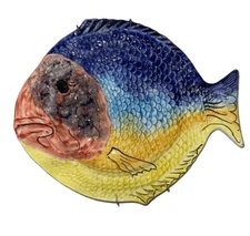 Ceramic Colorful Fish Wall Plate Marked  J Y, Display Plate, Blue/Yellow , Sea