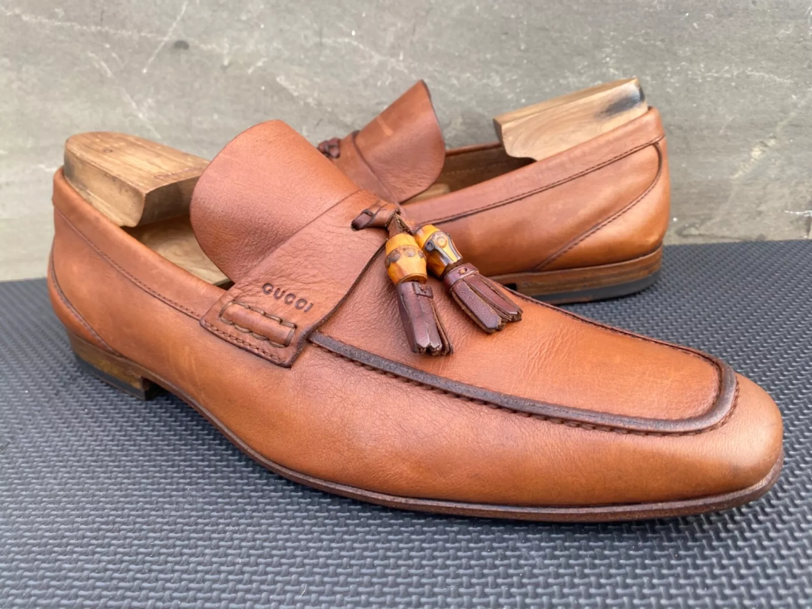 GUCCI cuir bronzé BAMBOU glands mocassins robe logo chaussures US 42,5 E   US 9,5