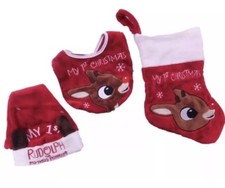 Rudolph Red-Nosed Reindeer Baby's 1st Christmas Set Santa Hat Bib Stocking AA89
