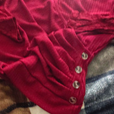 Red Ribbed Knit Pullover Sweater w/ Button Ac...