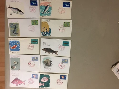 Ten Japan FISH and MARINE LIFE fdc.Each two same stamps,diff pictures
