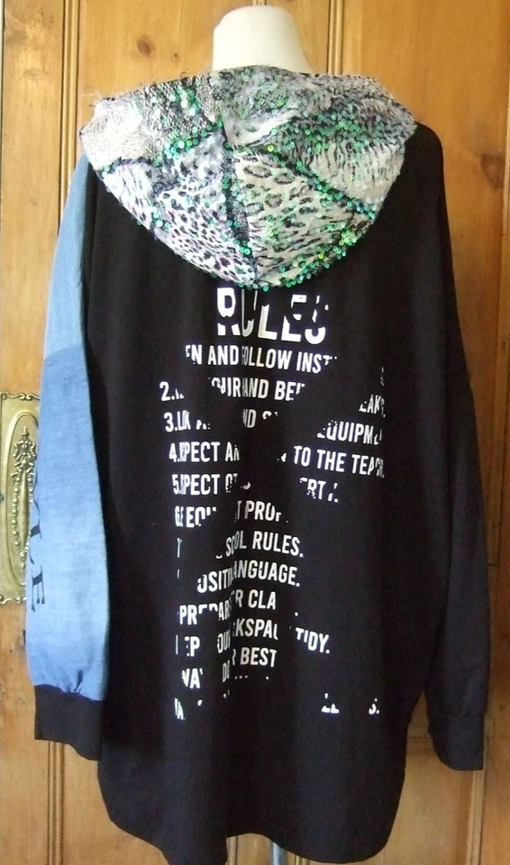LA VELINA QUIRKY PRINT SEQUIN BLACK DENIM ZIP HOODIE JACKET SZ LARGE 50 NEW TAG - Image 2 of 4
