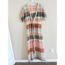 Davi & Dani Floral Patchwork Maxi Dress Boho Crochet Lace Tie Front Duster Med