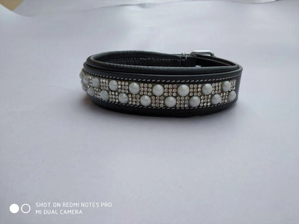 CBU-Luxury Rhinestone Leather Dog Collar White Colr Padded Adjustable Pet Collar