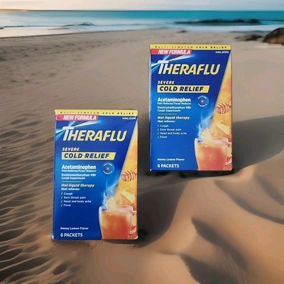 (2) Thera flu Severe Cold Relief, Daytime, Honey Lemon, 6 packets ea, Exp. 2026
