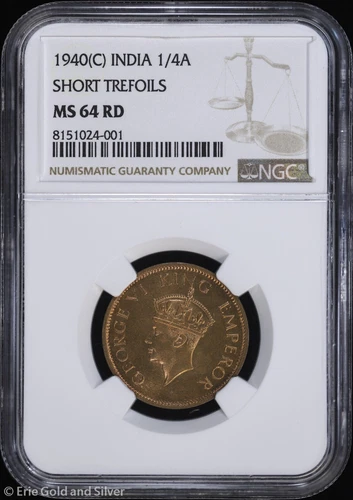 1940-(C) India 1/4 Anna NGC MS 64 RD | Short Trefoils Uncirculated UNC BU