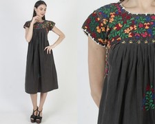 Black Oaxacan Dress Vtg Hand Embroidered Mexican Fiesta Beach Cover Up Kaftan