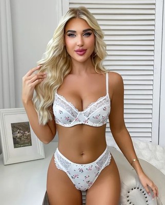 1 Set Elegant Floral Lace Trim Bra and Panty Set Underwear for Women Girls