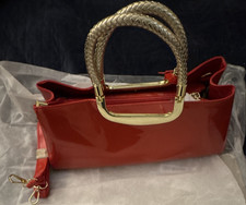 Women's Red Patent Satchel Top Handle Bag, Gold Hardware, Braided, Strap