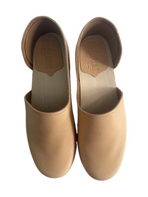 Sandgrens Brett Low Closed-Back Clogs Ecru Veg Tan Leather Wooden Base Size 40