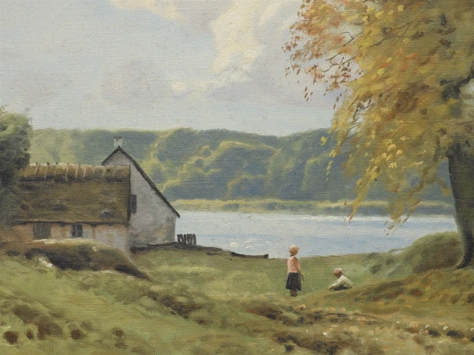 BELEZA! Pintura O/C artista dinamarquês Niels Walseth crianças em cena do lago - Imagem 4 de 4