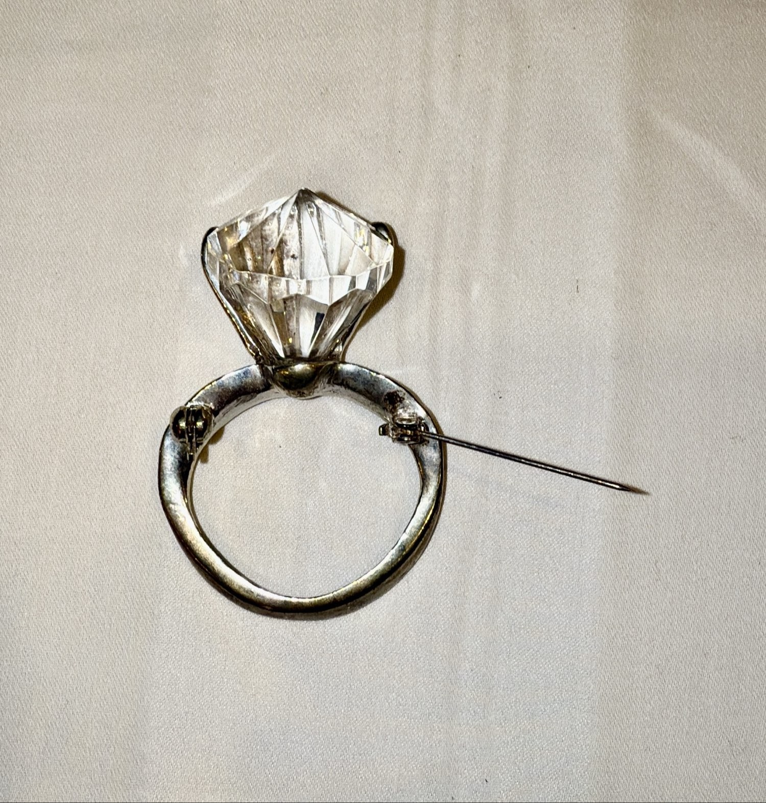 Silver Tone Large Solitaire Diamond Shape Crystal… - image 3