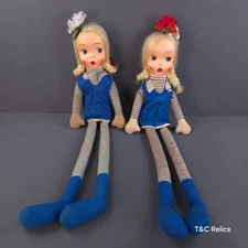 Vintage Rag Dolls Looby Lou Long Legs 32"x 7.5" Blond Hair Braided White & Blue
