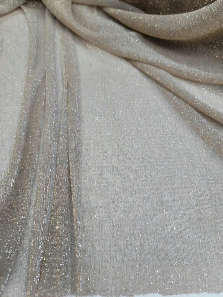 Tela transparente dorada metálica elástica texturizada beige se vende por yarda para Dress Pro Foto 4 de 4