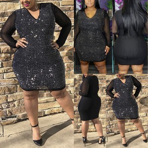 Plus-Size-Women-039-s-Sexy-Long-Sleeve-Rhinestone-Mesh-Bodycon-Dress-Party-Clubwear