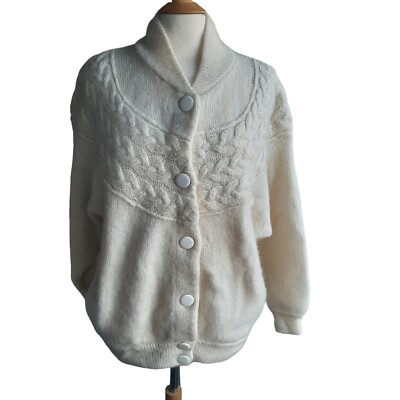 Vtg I.B. DIFFUSION Mohair Blend Chunky Sweater  Bomber Jacket Sz M Off White