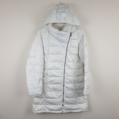 DKNY Down Puffer Jacket Medium White Asymmetrical Zip Wide Hood Parka Coat
