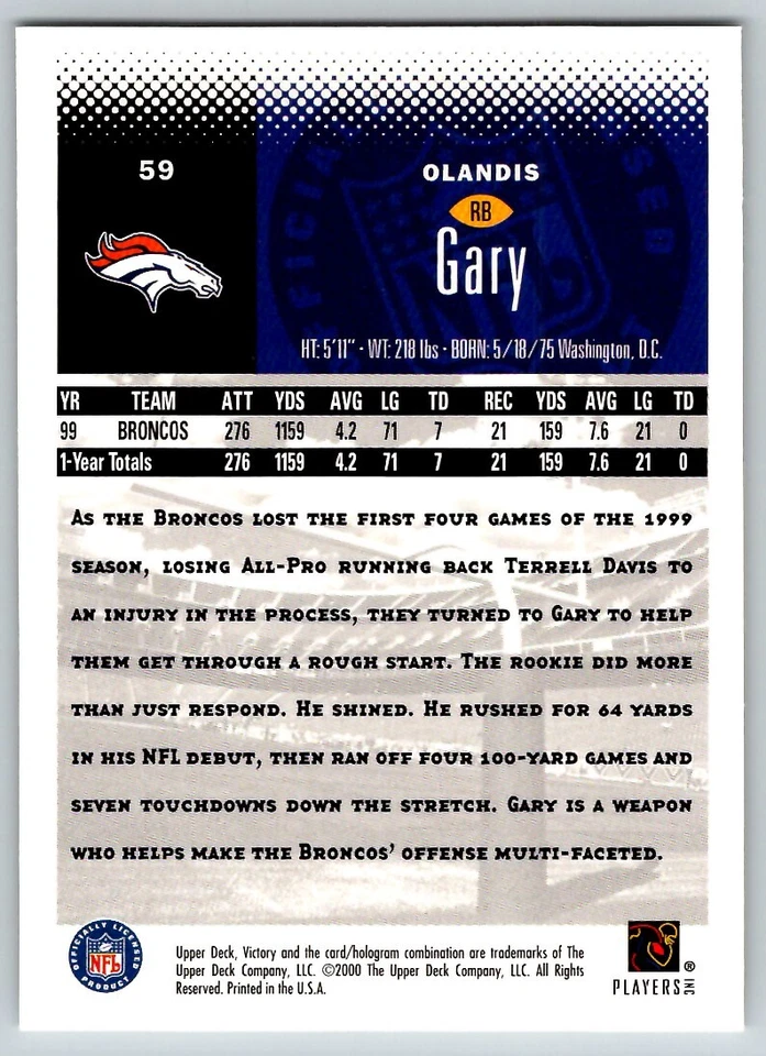 2000 UPPER DECK VICTORY OLANDIS GARY DENVER BRONCOS #59 - Image 2 of 2