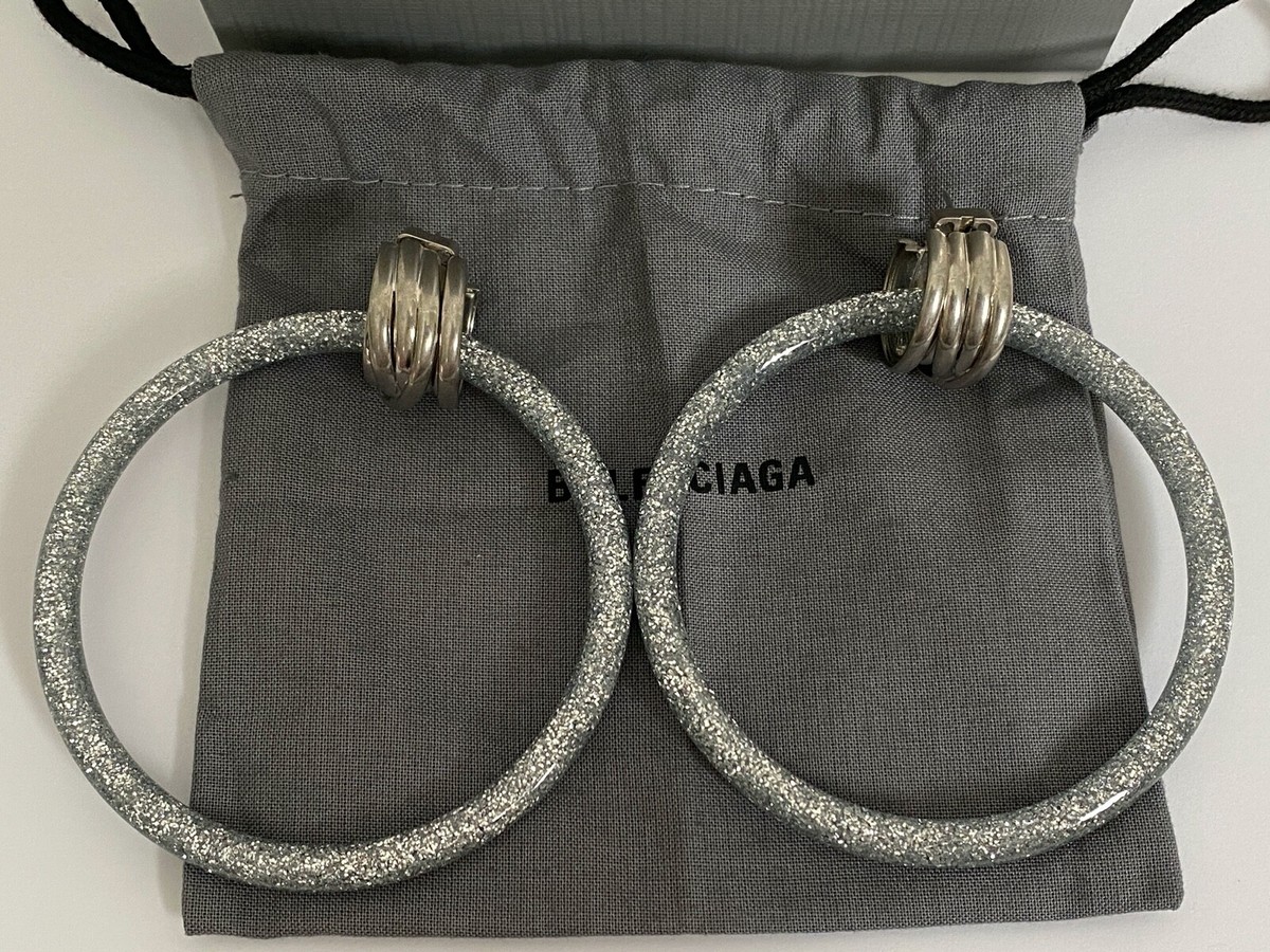 NIB Balenciaga Silver Glitter Large Resin Hoop Drop BB