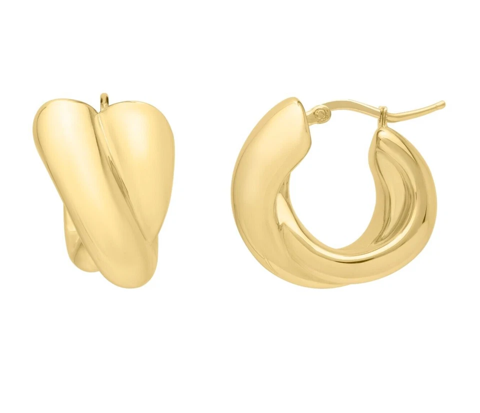 14k Yellow Gold Wide Crossover Hoop Earrings with Hinged Clasp 20 MM 4.5 Grams