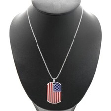 American Flag Dog Tag Necklace - Stainless Steel - USA Veteran, Gift