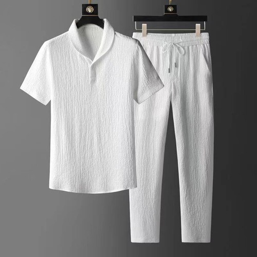 Summer Men's Spring Short Sleeve Casual Suit Slim Two-piece Set Drawstring Pants - Picture 25 of 26