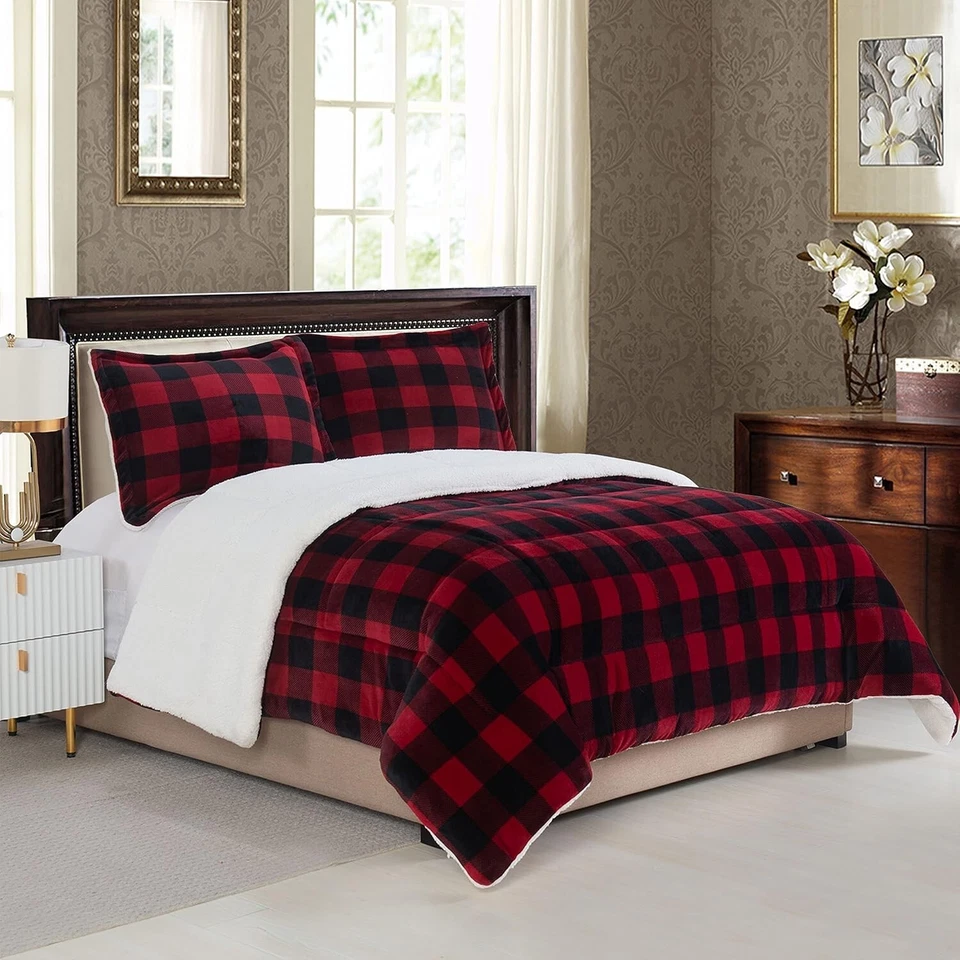 Premium Heavyweight King Size Comforter Set - Buffalo Plaid, Burgundy/Black - Image 3 of 4