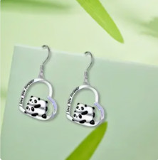 Cute Twin Pandas Enamel Heart shaped Dangling Women's Fashion Earrings set