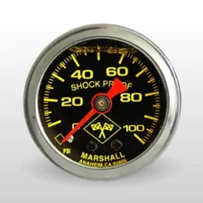 Marshall Fuel Pressure Gauge MNS00100; 0-100 psi 1-1/2 in. Liquid Filled Blk/YL