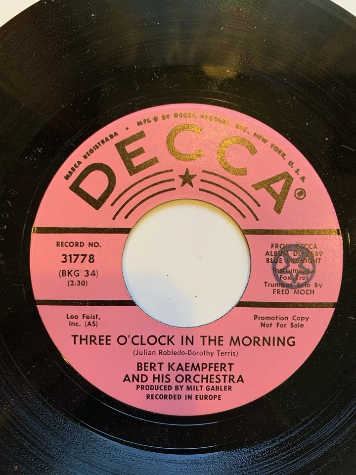 RARE 1950s Bert Kaempfert Three O’Clock Morning Vinyl 45 Decca Promo - Bild 2 von 4