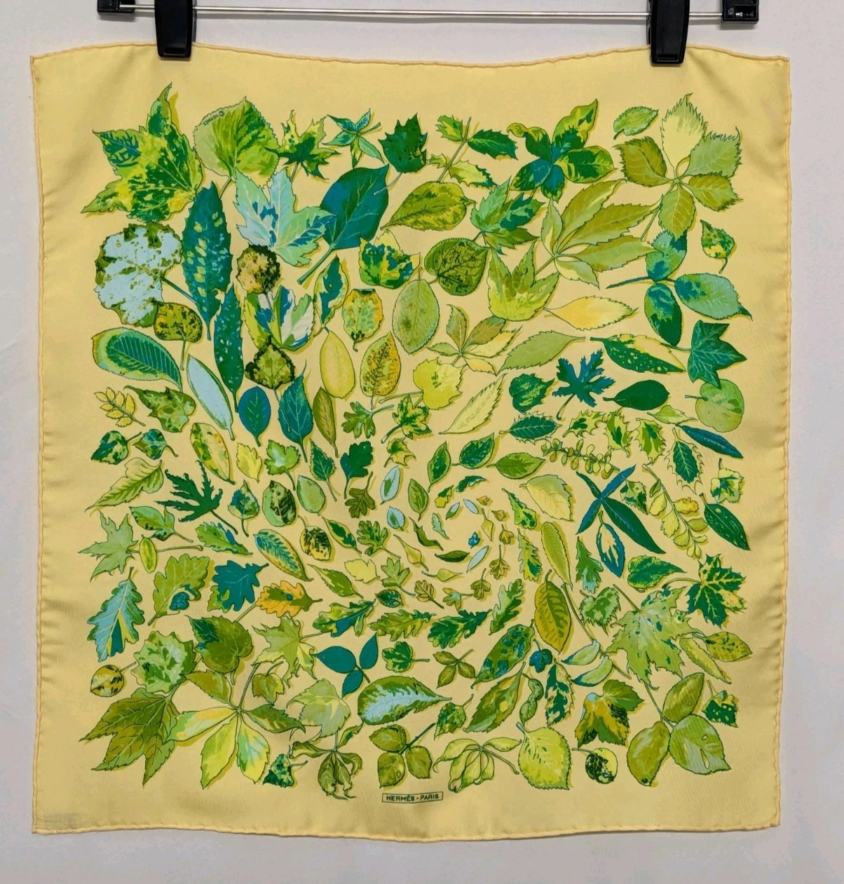 Hermès Silk Twill Scarf 16.5" Tourbillon Autumn Leaves Green & Yellow