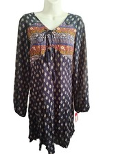 Xhilaration Long Sleeve Dress Navy Orange Size M prarie Cottagecore boho nwt