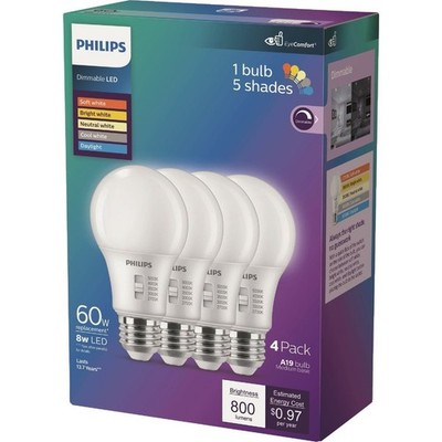 4 PACK Philips 60W Equivalent 5 CCT A19 Medium Dimmable LED Bulb 586875 LB2