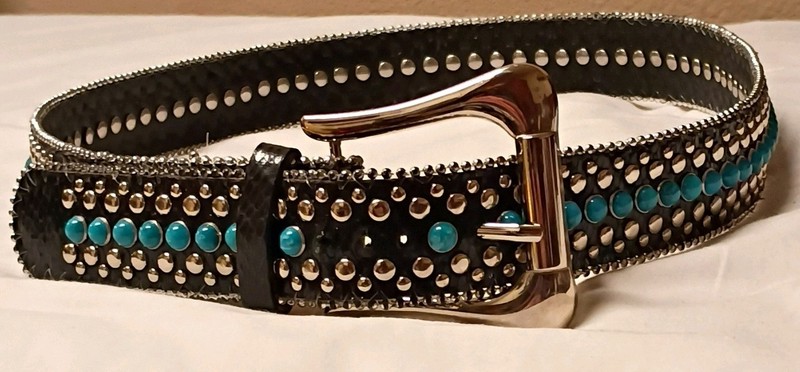Women's Black Studded Belt w/ Turquoise Accents, Silver-Tone Buckle, M