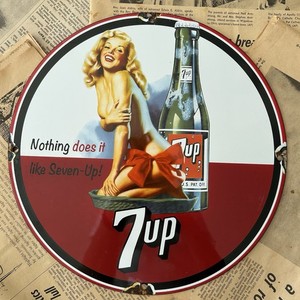 VINTAGE 7UP SODA BEVERAGE PIN-UP ADVERTISEMENT 12 INCH PORCELAIN ENAMEL SIGN