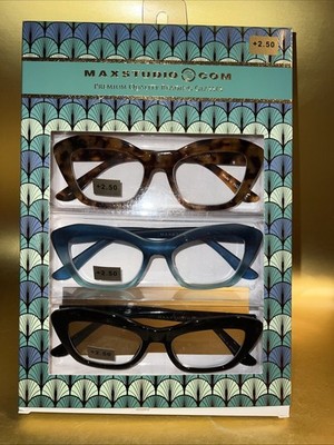 MAX STUDIO 3 PACK PREMIUM READING GLASSES READERS +2.50 NEW AUTHENTIC BLACK&BLUE
